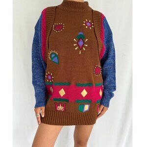 80s vintage colorful funky crazy abstract print novelty knit long sweater tunic